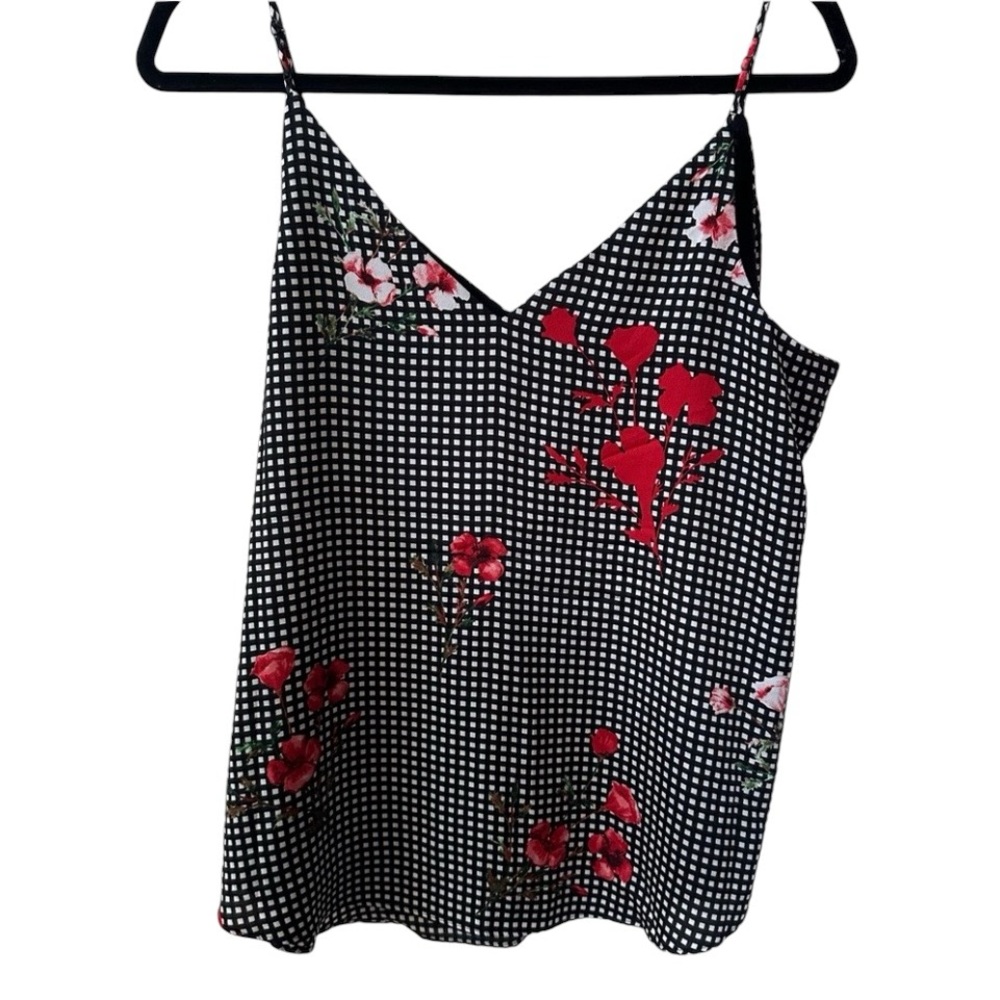 Express women’s Black and white Plaid cami tank top red floral flowers - Picture 6 of 6